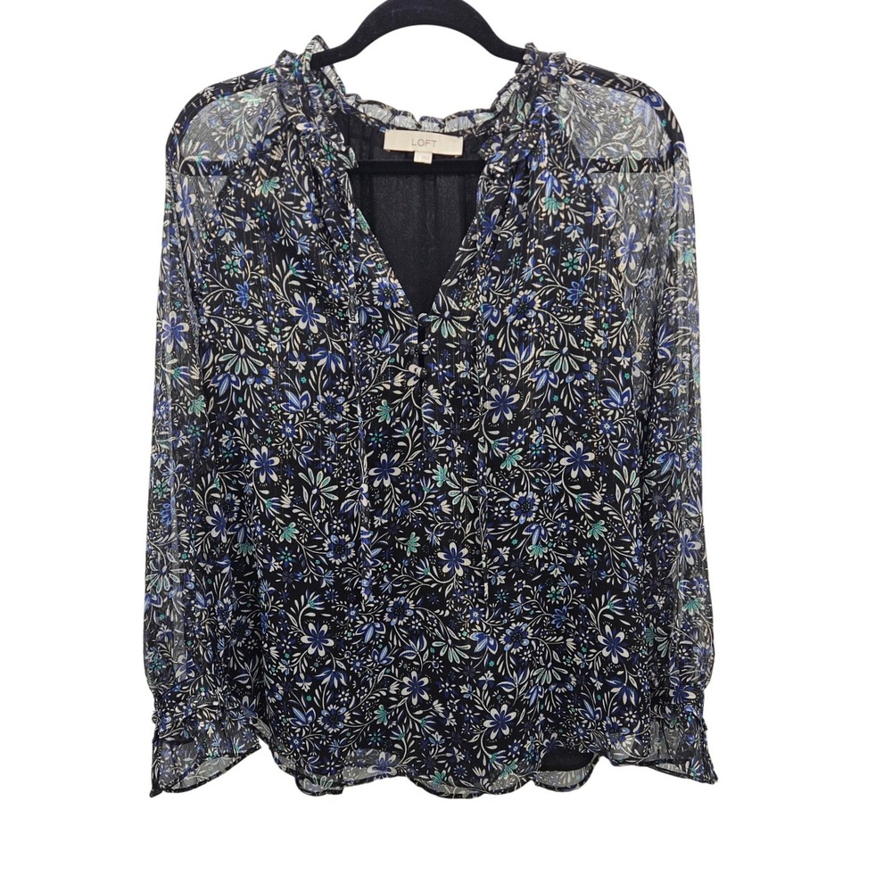 LOFT Womens Large Floral Metallic Stripe Sheer Ruffle Tie Neck Blouse Black Blue